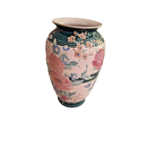 12.5” Tall Chinese Porcelain Vase Hand Painted Floral Pink Chinoiserie - Picture 1 of 10